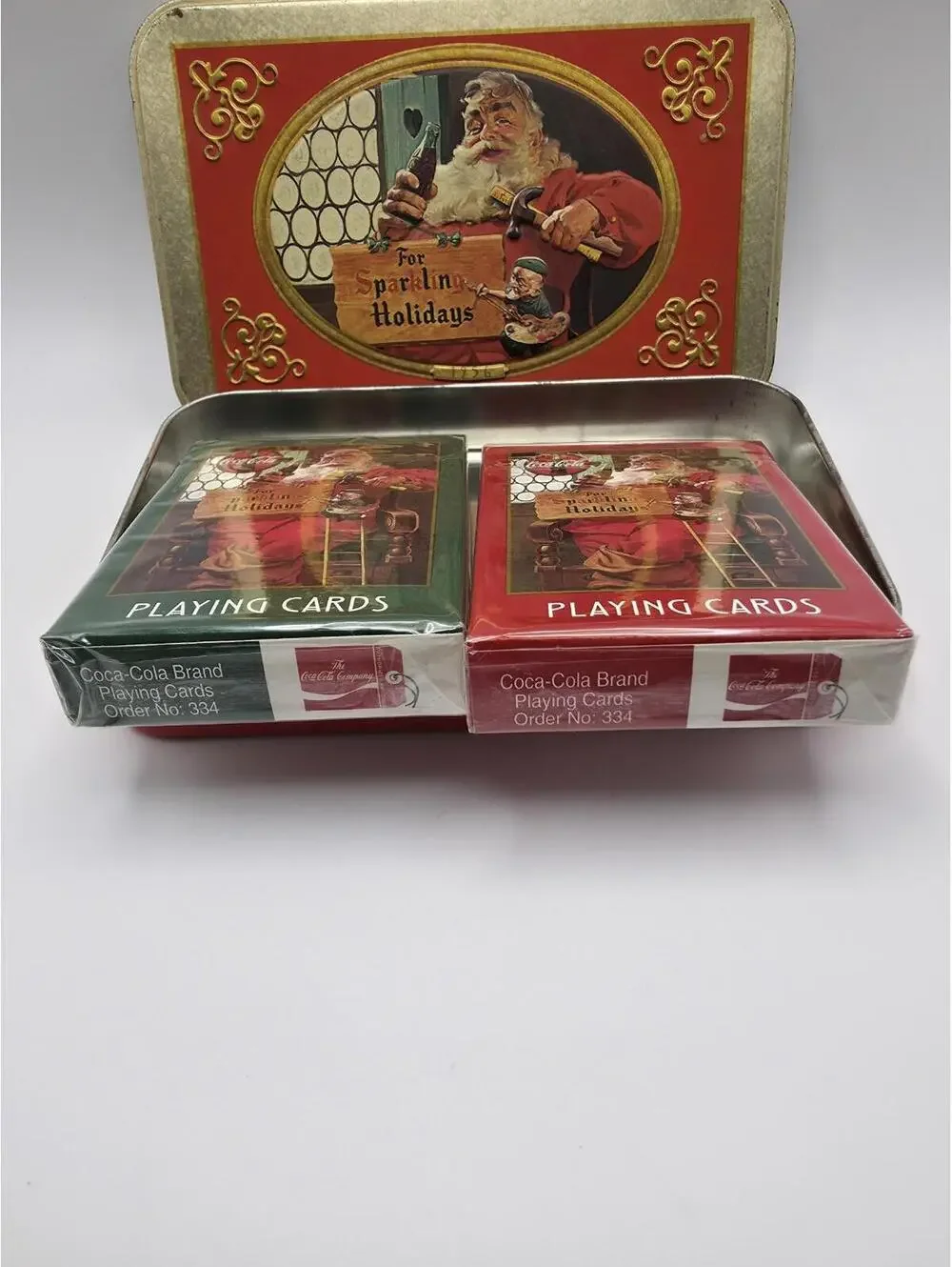 Coca-Cola Santa Claus Playing Cards Christmas Tin & 2 Sealed Card Decks Vintage